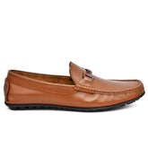 Side view of Buckled Tan Leather Loafers by Country Maddox, showcasing flexible sole and elegant tan finish.